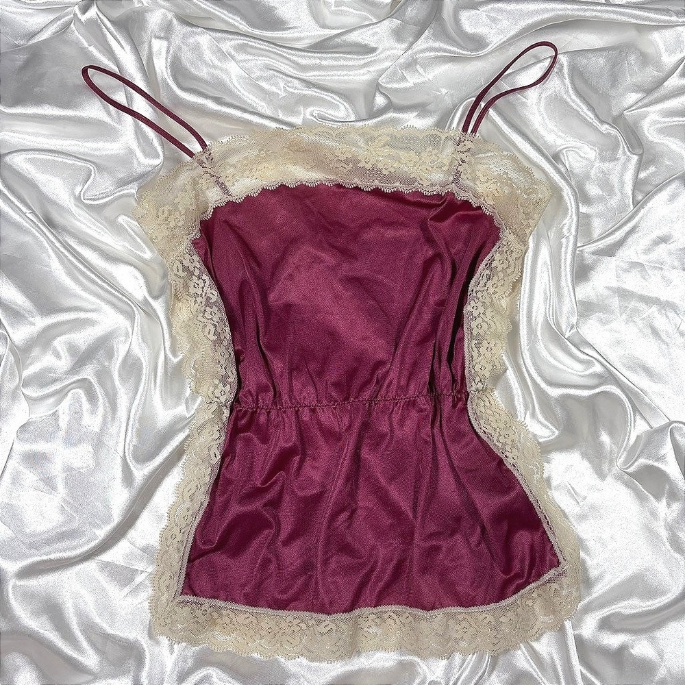 Vintage Coquette Camisole Top Burgundy Lace Trim Enkalure Nylon SM